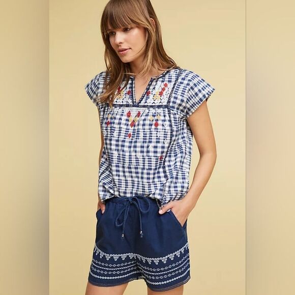 Anthropologie Kopal Freya Embroidered Gingham Top Cap Sleeve Boho Peasant Small - Picture 1 of 9